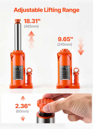 Hydraulic Bottle Jack 20 Ton (44092.5 lbs) 9.65"-18.31" Lifting Range, for Construction Vehicle, Heavy-Duty Truck, Bus, Auto Repair and House Lift, Multi-Directional Welded Jack with Long Handle