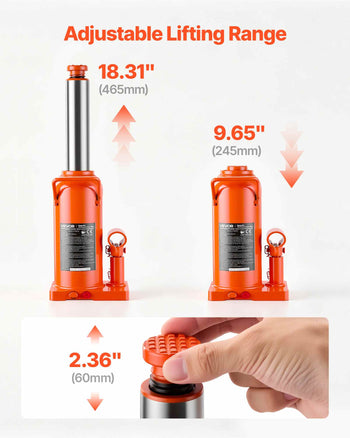 Hydraulic Bottle Jack 20 Ton (44092.5 lbs) 9.65"-18.31" Lifting Range, for Construction Vehicle, Heavy-Duty Truck, Bus, Auto Repair and House Lift, Multi-Directional Welded Jack with Long Handle