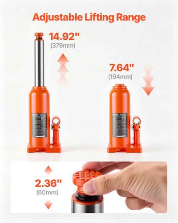 Hydraulic Bottle Jack 4 Ton (8818.5 lbs) 7.64"-14.92" Lifting Range, for Midsize Sedan, Midsize SUV, Van, Auto Repair & House Lift, Multi-Directional Welded Jack with Carrying Case & Long Handle