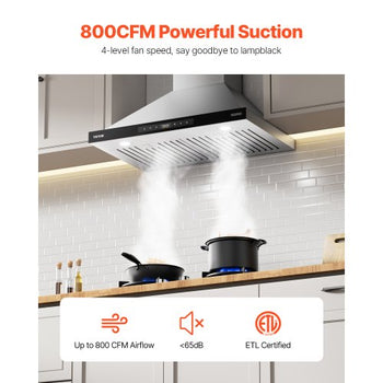 Wall Mount Range Hood, 30 inch Chimney-Style Ceiling Mount Vent, 800 CFM Stainless Steel Kitchen Stove Hood with Gesture & Touch Control, LED Light, Baffle Filters, Ducted/Ductless Convertible
