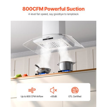 Range Hood, 30 inch Chimney-Style Ceiling Mount Vent, 800 CFM Stainless Steel Kitchen Stove Hood with Gesture & Touch Control, LED Light, Baffle Filters, Ducted/Ductless Convertible