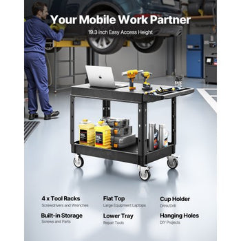 Utility Cart, 550 lbs Load Capacity, 37 x 25.4-inch Service Cart, Two-Shelf Heavy Duty Plastic Utility Cart with 360° Swivel Wheels (2 with Brakes), Suitable for Warehouse, Garage, Cleaning