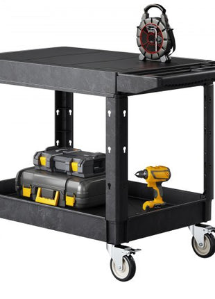 Utility Cart, 550 lbs Load Capacity, 37 x 25.4-inch Service Cart, Two-Shelf Heavy Duty Plastic Utility Cart with 360° Swivel Wheels (2 with Brakes), Suitable for Warehouse, Garage, Cleaning