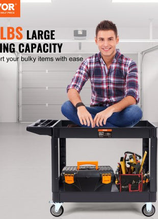 Utility Service Cart, 2 Shelf 550LBS Heavy Duty Plastic Rolling Utility Cart with 360° Swivel Wheels (2 with Brakes), Large Lipped Shelf, Ergonomic Storage Handle for Warehouse/Garage/Cleaning