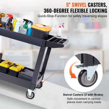 Black utility cart with 5" swivel casters, durable plastic, features locking system for safety on slopes.