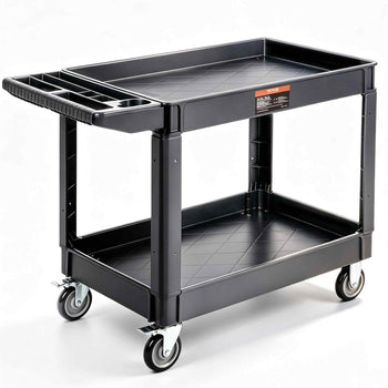 Black plastic utility cart with two shelves, push handle, and swivel wheels for easy mobility. Ideal for storage and transport.