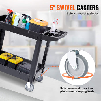 Black utility cart with 5" swivel casters, featuring shelves for tools and cleaning supplies, ideal for easy mobility.