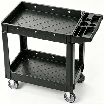 Black plastic utility cart with two shelves and cup holders on the side; ideal for storage and transport in any space.