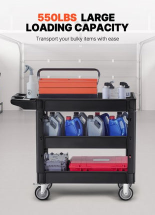 Utility Service Cart, 550 LBS Laod Capacity, 3 Shelf Heavy Duty Plastic Rolling Utility Cart with 360° Swivel Wheels (2 with Brakes), Ergonomic Storage Handle for Warehouse/Garage/Cleaning