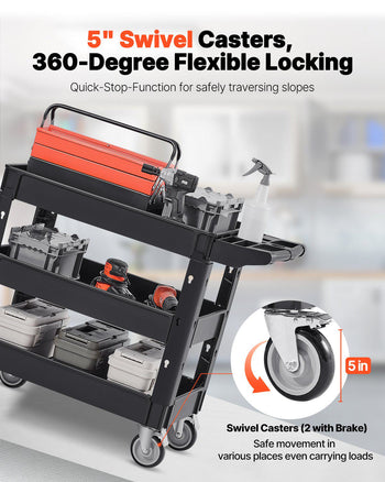 5" black swivel casters with flexible locking for tool cart, designed for safe movement on slopes and various surfaces.