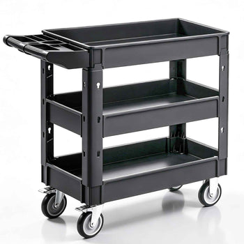 Black plastic utility cart with three shelves and rolling wheels, ideal for storage and transport in various settings.