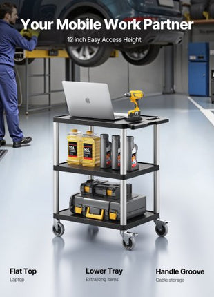 Utility Cart, 300 lbs Load Capacity, 27.6 x 18.1-inch Service Cart, Three-Shelf Heavy Duty Plastic Utility Cart with 360° Swivel Wheels (2 with Brakes), Suitable for Warehouse, Garage, Cleaning