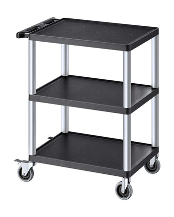 Utility Cart, 300 lbs Load Capacity, 27.6 x 18.1-inch Service Cart, Three-Shelf Heavy Duty Plastic Utility Cart with 360° Swivel Wheels (2 with Brakes), Suitable for Warehouse, Garage, Cleaning