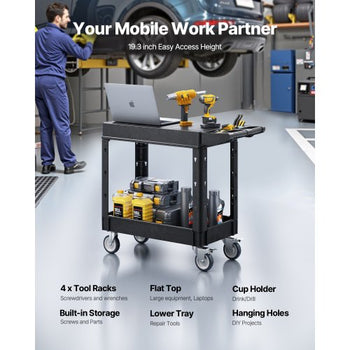 Utility Cart, 550 lbs Load Capacity, 31.3 x 17.7-inch Service Cart, Two-Shelf Heavy Duty Plastic Utility Cart with 360° Swivel Wheels (2 with Brakes), Suitable for Warehouse, Garage, Cleaning