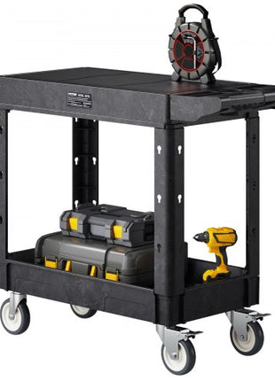 Utility Cart, 550 lbs Load Capacity, 31.3 x 17.7-inch Service Cart, Two-Shelf Heavy Duty Plastic Utility Cart with 360° Swivel Wheels (2 with Brakes), Suitable for Warehouse, Garage, Cleaning