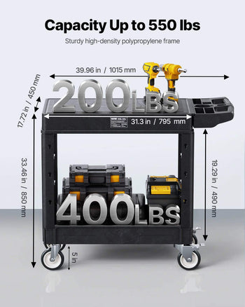 Utility Cart, 550 lbs Load Capacity, 31.3 x 17.7-inch Service Cart, Two-Shelf Heavy Duty Plastic Utility Cart with 360° Swivel Wheels (2 with Brakes), Suitable for Warehouse, Garage, Cleaning