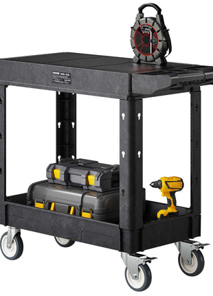 Utility Cart, 550 lbs Load Capacity, 31.3 x 17.7-inch Service Cart, Two-Shelf Heavy Duty Plastic Utility Cart with 360° Swivel Wheels (2 with Brakes), Suitable for Warehouse, Garage, Cleaning