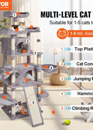 Cat Tree for Indoor Cats, 68.5" Cat Tower with 2 Cat Condos, Sisal Scratching Post, Hammocks, Top Perches, Jumping Platforms and Ramp, Cat Furniture Activity Center with Hang Balls, Light Grey