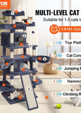 Cat Tree for Indoor Cats, 68.5" Cat Tower with 2 Cat Condos, Sisal Scratching Post, Hammocks, Top Perches, Jumping Platforms and Ramp, Cat Furniture Activity Center with Hang Balls, Dark Grey