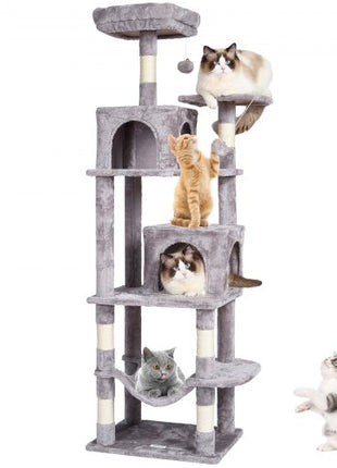 Cat Tree for Indoor Cats, 63" Cat Tower with 2 Cat Condos, Sisal Scratching Post, Hammock, Top Perch, Jumping Platforms, Large Cat Furniture Activity Center with Hang Ball, Light Grey