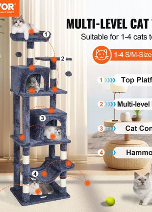 Cat Tree for Indoor Cats, 63" Cat Tower with 2 Cat Condos, Sisal Scratching Post, Hammock, Top Perch, Jumping Platforms, Large Cat Furniture Activity Center with Hang Ball, Dark Grey