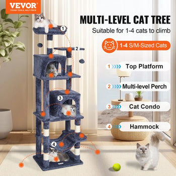 Cat Tree for Indoor Cats, 63" Cat Tower with 2 Cat Condos, Sisal Scratching Post, Hammock, Top Perch, Jumping Platforms, Large Cat Furniture Activity Center with Hang Ball, Dark Grey