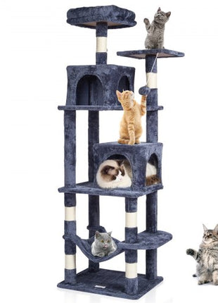 Cat Tree for Indoor Cats, 63" Cat Tower with 2 Cat Condos, Sisal Scratching Post, Hammock, Top Perch, Jumping Platforms, Large Cat Furniture Activity Center with Hang Ball, Dark Grey