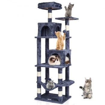 Cat Tree for Indoor Cats, 63" Cat Tower with 2 Cat Condos, Sisal Scratching Post, Hammock, Top Perch, Jumping Platforms, Large Cat Furniture Activity Center with Hang Ball, Dark Grey