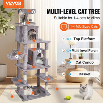 Cat Tree for Indoor Cats, 68.5" Cat Tower with 2 Cat Condos, Sisal Scratching Post, Hammock, Top Perch, Jumping Platforms, Large Cat Furniture Activity Center with Hang Ball, Light Grey