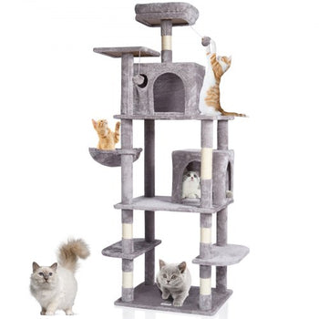 Cat Tree for Indoor Cats, 68.5" Cat Tower with 2 Cat Condos, Sisal Scratching Post, Hammock, Top Perch, Jumping Platforms, Large Cat Furniture Activity Center with Hang Ball, Light Grey