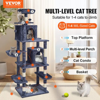 Cat Tree for Indoor Cats, 68.5" Cat Tower with 2 Cat Condos, Sisal Scratching Post, Hammock, Top Perch, Jumping Platforms, Large Cat Furniture Activity Center with Hang Ball, Dark Grey