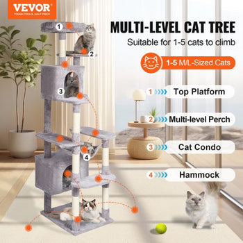 Cat Tree for Indoor Cats, 72" Cat Tower with 2 Cat Condos, Sisal Scratching Post, Hammock, Top Perch, Jumping Platforms, Large Cat Furniture Activity Center with Hang Ball, Light Grey