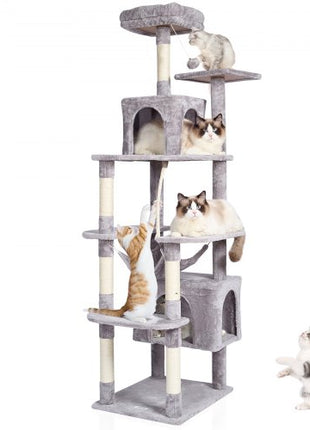 Cat Tree for Indoor Cats, 72" Cat Tower with 2 Cat Condos, Sisal Scratching Post, Hammock, Top Perch, Jumping Platforms, Large Cat Furniture Activity Center with Hang Ball, Light Grey