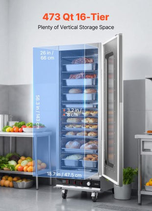 Electric Hot Box Food Warmer, 16-Tier Commercial Warming Cabinet with Water Tray, Glass Door and Adjustable Shelves, Stainless Steel Food Warmer Cabinet, for Restaurant, Kitchen, Pizza, Chicken