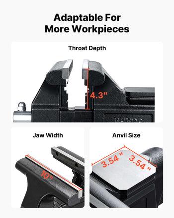 Heavy Duty Bench Vise, 10" Jaw Width, Multi-Purpose Ductile Iron Bench Vise with Anvil and 360-Degree Locking Swivel Base, 4.3" Throat Depth, 10" Max Jaw Opening, for Drilling, Pipe Cutting