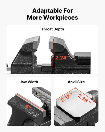 Heavy Duty Bench Vise, 4" Jaw Width, Multi-Purpose Ductile Iron Bench Vise with Anvil and 360-Degree Locking Swivel Base, 2.24" Throat Depth, 4.7" Max Jaw Opening, for Drilling, Pipe Cutting