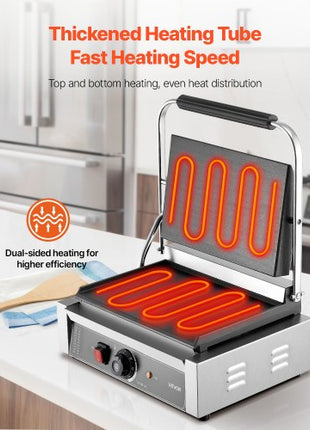 Commercial Panini Grill, 1800W Electric Sandwich Panini Maker, Stainless Steel Sandwichs Press Grill with Handle and Temp Control, 13.5x9.3 in Full Flat Enamel Plate, for Hamburger Steak Bacon