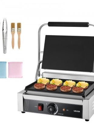 Commercial Panini Grill, 1800W Electric Sandwich Panini Maker, Stainless Steel Sandwichs Press Grill with Handle and Temp Control, 13.5x9.3 in Full Flat Enamel Plate, for Hamburger Steak Bacon