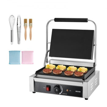 Commercial Panini Grill, 1800W Electric Sandwich Panini Maker, Stainless Steel Sandwichs Press Grill with Handle and Temp Control, 13.5x9.3 in Full Flat Enamel Plate, for Hamburger Steak Bacon
