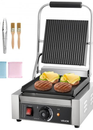 Commercial Panini Grill, 1800W Electric Sandwich Panini Maker, Stainless Steel Sandwichs Press Grill with Handle and Temp Control, 8.8x9 in Flat Enamel Plate, for Hamburger Steak Bacon