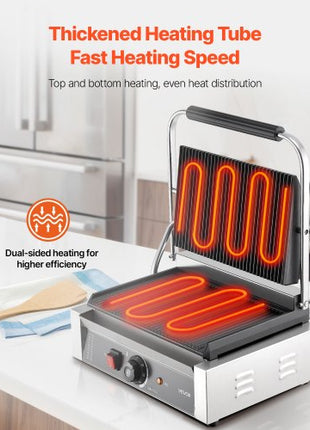 Commercial Panini Grill, 1800W Electric Sandwich Panini Maker, Stainless Steel Sandwichs Press with Handle and Temp Control, 13.5x9.3 in Full Grooved Enamel Plate, for Hamburger Steak Bacon