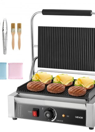 Commercial Panini Grill, 1800W Electric Sandwich Panini Maker, Stainless Steel Sandwichs Press with Handle and Temp Control, 13.5x9.3 in Full Grooved Enamel Plate, for Hamburger Steak Bacon