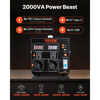 Voltage Converter Transformer, 2000W, Heavy Duty Step Up/Down Transformer, Convert from 110 Volt to 220 Volt and  from 220 Volt to 110 Volt, with US Outlet EU Outlet 5V USB Port, CE Certified
