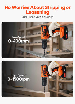 Cordless Drill Driver, 1/2 inch Metal Chuck, Dual-Speed Variable, Drill Driver Kit with Lithium Battery and Charger, Belt Clip, for Wood and Metal Drilling, Screw Tightening or Loosening