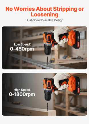 Cordless Drill Driver, 1/2 inch Metal Chuck, Brushless Motor, Dual-Speed Variable, Drill Driver Kit with Lithium Battery and Charger, Tool Box, for Wood and Metal Drilling, Screw Driving