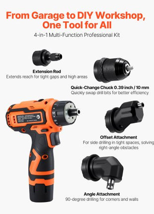 Cordless Drill Driver, 5-In-1, Metal Chuck, Dual-Speed Variable, Drill Driver Kit with 2 Lithium Batteries and Charger, Tool Box, for Wood and Metal Drilling, Screw Tightening or Loosening