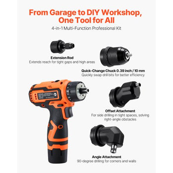 Cordless Drill Driver, 5-In-1, Metal Chuck, Dual-Speed Variable, Drill Driver Kit with 2 Lithium Batteries and Charger, Tool Box, for Wood and Metal Drilling, Screw Tightening or Loosening