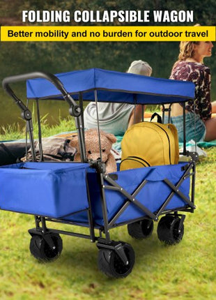 Extra Large Collapsible Garden Cart with Removable Canopy, Folding Wagon Utility Carts with Wheels and Rear Storage, Wagon Cart for Garden, Camping, Grocery Cart, Shopping Cart, Blue