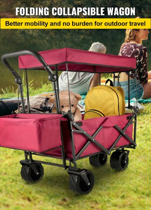 Extra Large Collapsible Garden Cart with Removable Canopy, Folding Wagon Utility Carts with Wheels and Rear Storage, Wagon Cart for Garden, Camping, Grocery Cart, Shopping Cart, Red