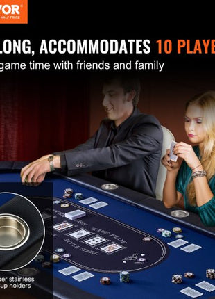 10 Player Foldable Poker Table, Blackjack Texas Holdem Poker Table with Padded Rails and Stainless Steel Cup Holders, Portable Folding Card Board Game Table, 84" Oval Casino Leisure Table